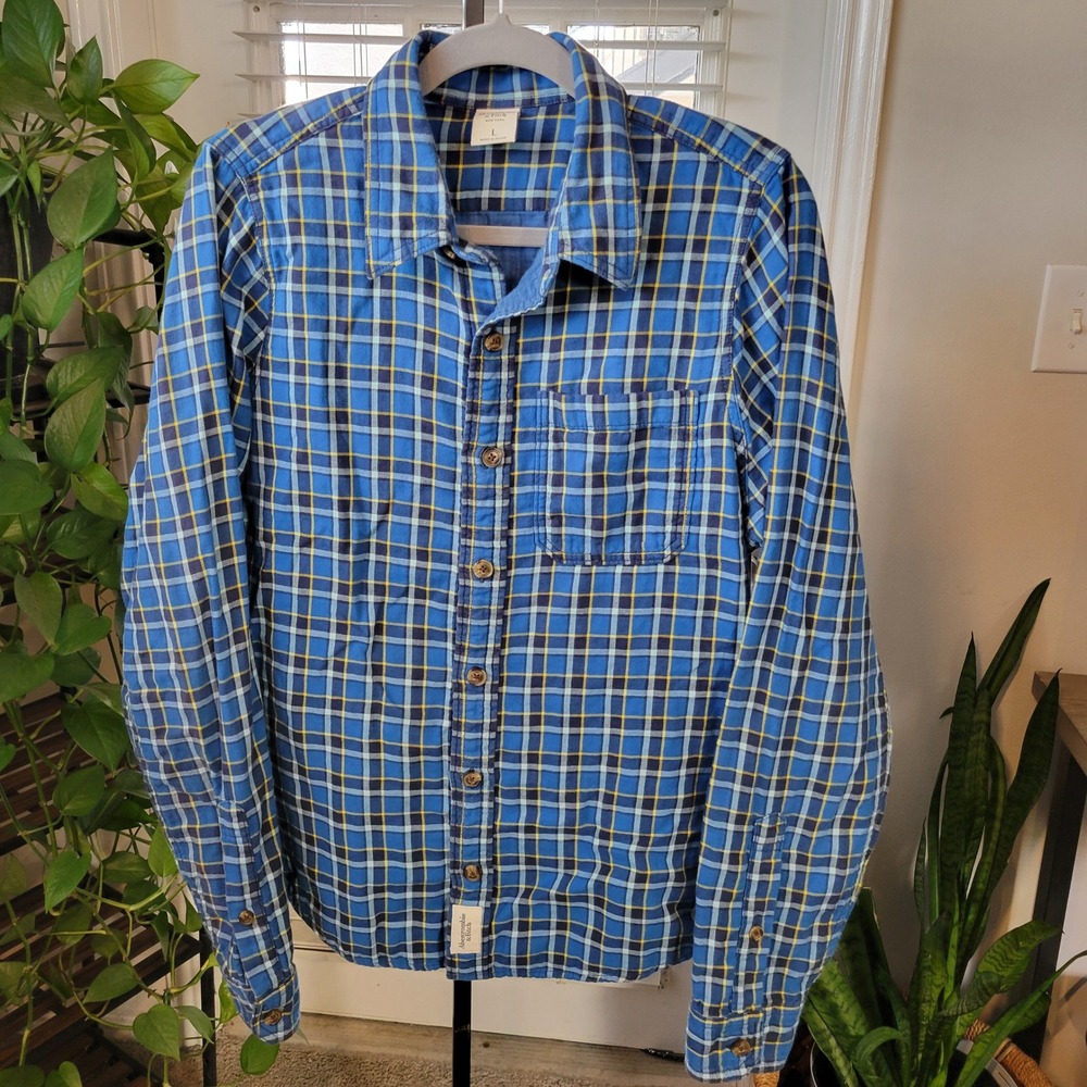 Abercrombie & Fitch Mens Blue Yellow Plaid Flannel Button Down Shirt Large
